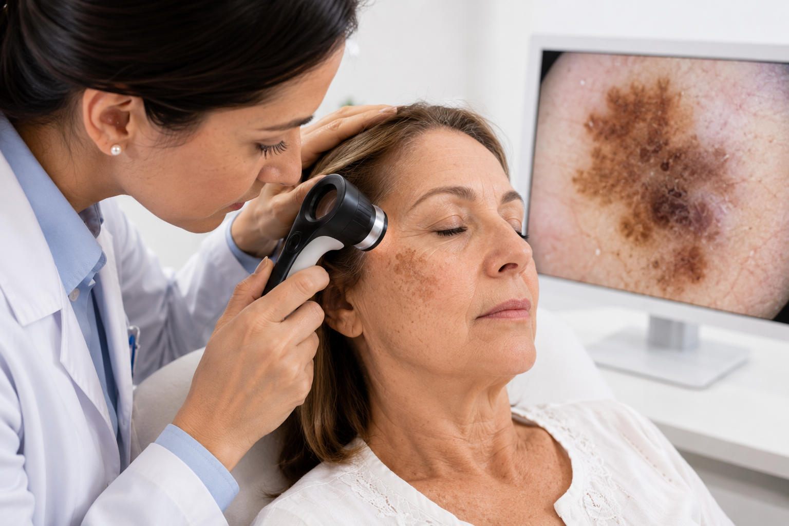Dermatoscopia de Lentigo maligno y lesiones faciales